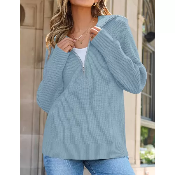 imageZESICA Womens V Neck Sweaters 2024 Fall Long Sleeve Half Zipper Ribbed Knit Casual Oversized Pullover TopsBlue