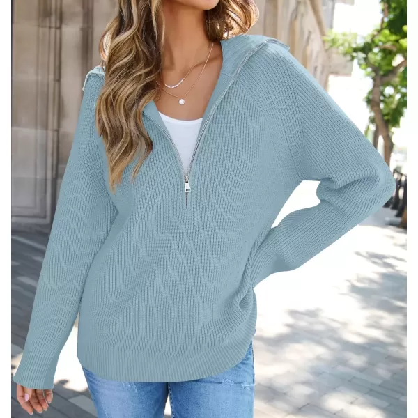 imageZESICA Womens V Neck Sweaters 2024 Fall Long Sleeve Half Zipper Ribbed Knit Casual Oversized Pullover TopsBlue