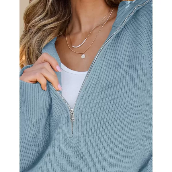 imageZESICA Womens V Neck Sweaters 2024 Fall Long Sleeve Half Zipper Ribbed Knit Casual Oversized Pullover TopsBlue
