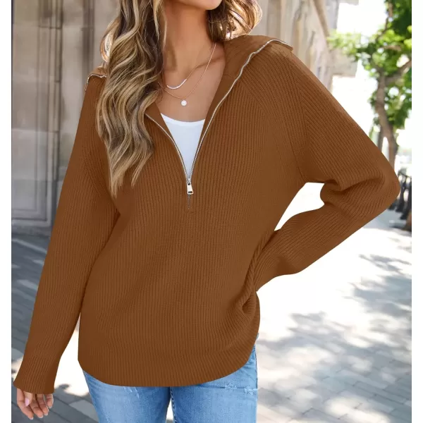 imageZESICA Womens V Neck Sweaters 2024 Fall Long Sleeve Half Zipper Ribbed Knit Casual Oversized Pullover TopsBrown