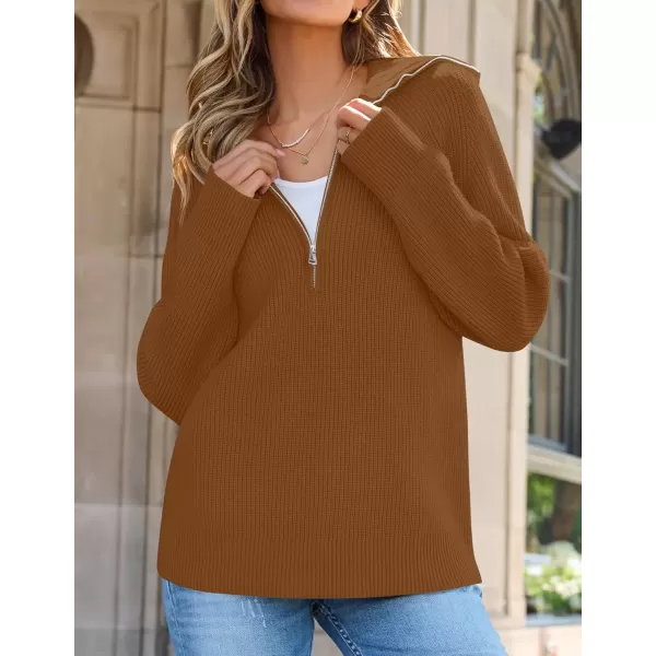 imageZESICA Womens V Neck Sweaters 2024 Fall Long Sleeve Half Zipper Ribbed Knit Casual Oversized Pullover TopsBrown