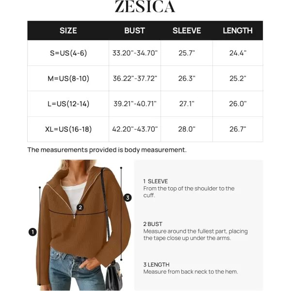 imageZESICA Womens V Neck Sweaters 2024 Fall Long Sleeve Half Zipper Ribbed Knit Casual Oversized Pullover TopsBrown