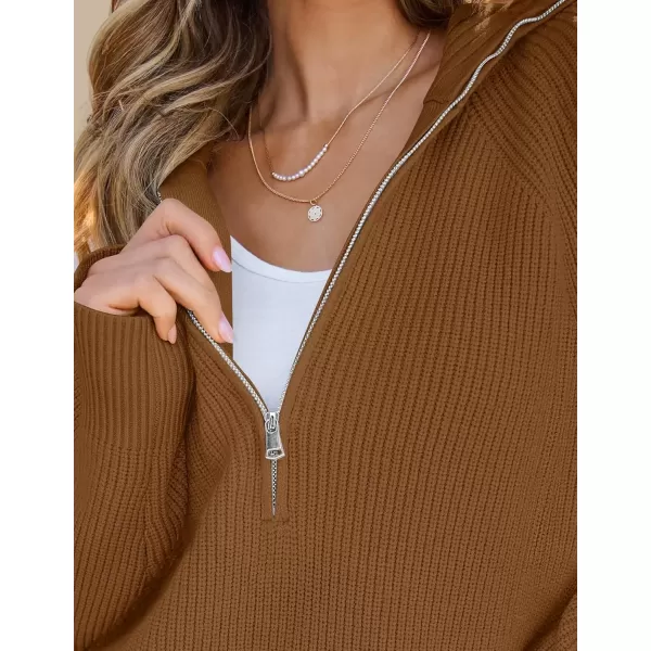 imageZESICA Womens V Neck Sweaters 2024 Fall Long Sleeve Half Zipper Ribbed Knit Casual Oversized Pullover TopsBrown