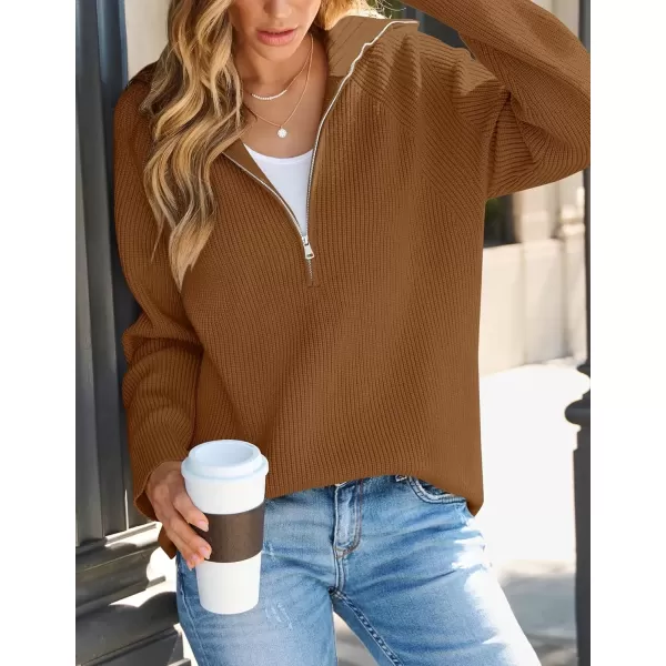 imageZESICA Womens V Neck Sweaters 2024 Fall Long Sleeve Half Zipper Ribbed Knit Casual Oversized Pullover TopsBrown