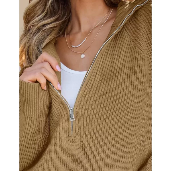 imageZESICA Womens V Neck Sweaters 2024 Fall Long Sleeve Half Zipper Ribbed Knit Casual Oversized Pullover TopsCamel