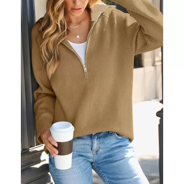 imageZESICA Womens V Neck Sweaters 2024 Fall Long Sleeve Half Zipper Ribbed Knit Casual Oversized Pullover TopsCamel
