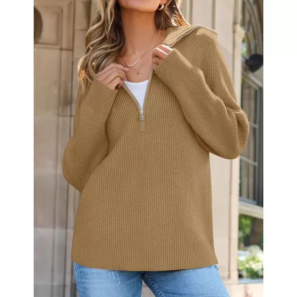 imageZESICA Womens V Neck Sweaters 2024 Fall Long Sleeve Half Zipper Ribbed Knit Casual Oversized Pullover TopsCamel