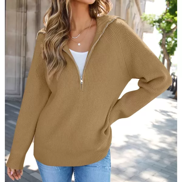 imageZESICA Womens V Neck Sweaters 2024 Fall Long Sleeve Half Zipper Ribbed Knit Casual Oversized Pullover TopsCamel