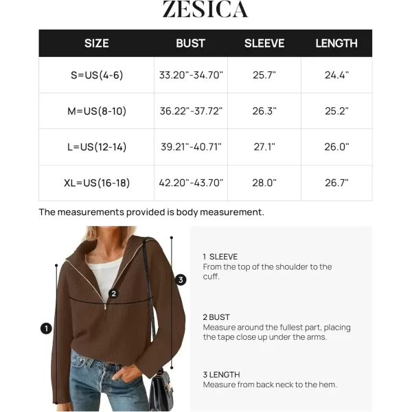 imageZESICA Womens V Neck Sweaters 2024 Fall Long Sleeve Half Zipper Ribbed Knit Casual Oversized Pullover TopsCoffee