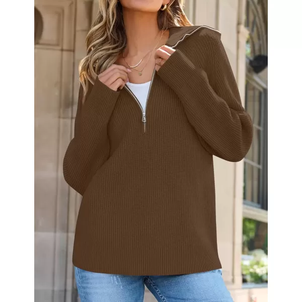 imageZESICA Womens V Neck Sweaters 2024 Fall Long Sleeve Half Zipper Ribbed Knit Casual Oversized Pullover TopsCoffee