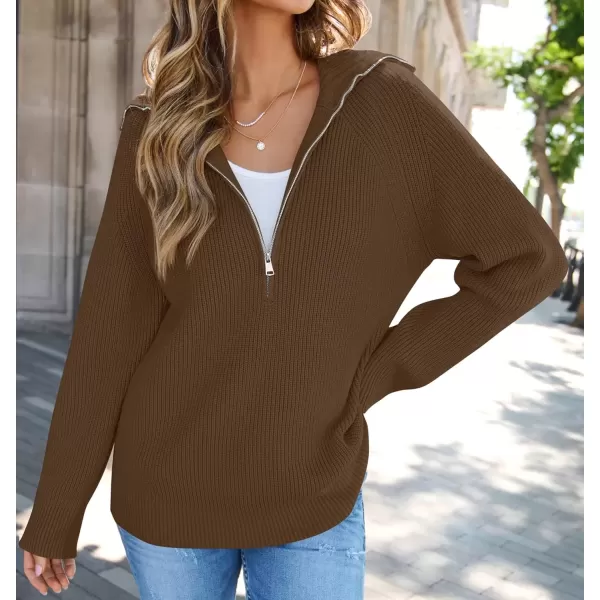 imageZESICA Womens V Neck Sweaters 2024 Fall Long Sleeve Half Zipper Ribbed Knit Casual Oversized Pullover TopsCoffee