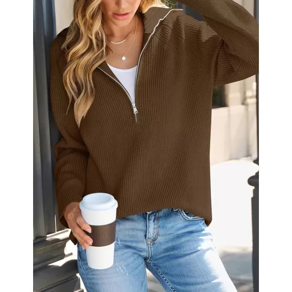 imageZESICA Womens V Neck Sweaters 2024 Fall Long Sleeve Half Zipper Ribbed Knit Casual Oversized Pullover TopsCoffee