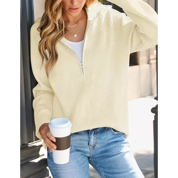 imageZESICA Womens V Neck Sweaters 2024 Fall Long Sleeve Half Zipper Ribbed Knit Casual Oversized Pullover TopsCream