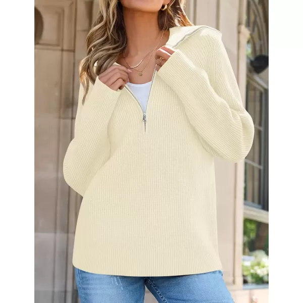 imageZESICA Womens V Neck Sweaters 2024 Fall Long Sleeve Half Zipper Ribbed Knit Casual Oversized Pullover TopsCream