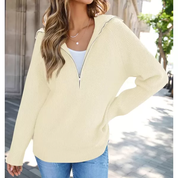 imageZESICA Womens V Neck Sweaters 2024 Fall Long Sleeve Half Zipper Ribbed Knit Casual Oversized Pullover TopsCream