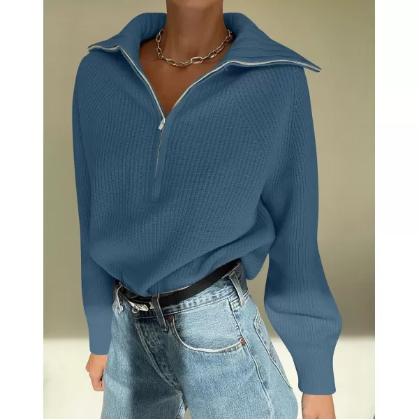 imageZESICA Womens V Neck Sweaters 2024 Fall Long Sleeve Half Zipper Ribbed Knit Casual Oversized Pullover TopsDarkblue
