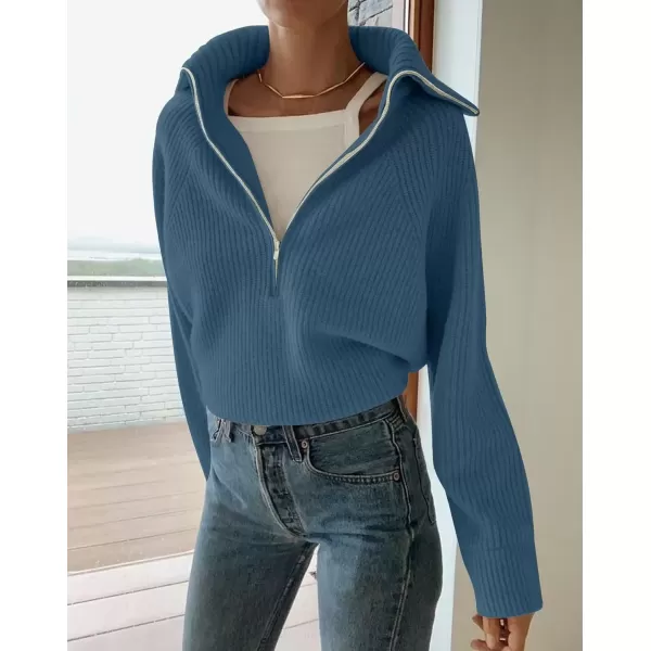imageZESICA Womens V Neck Sweaters 2024 Fall Long Sleeve Half Zipper Ribbed Knit Casual Oversized Pullover TopsDarkblue