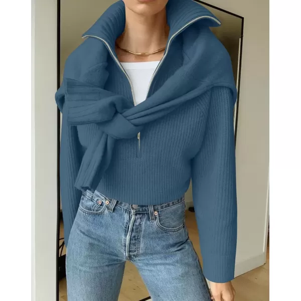 imageZESICA Womens V Neck Sweaters 2024 Fall Long Sleeve Half Zipper Ribbed Knit Casual Oversized Pullover TopsDarkblue