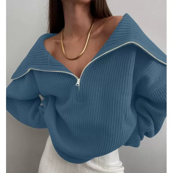 imageZESICA Womens V Neck Sweaters 2024 Fall Long Sleeve Half Zipper Ribbed Knit Casual Oversized Pullover TopsDarkblue