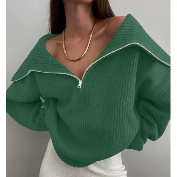 imageZESICA Womens V Neck Sweaters 2024 Fall Long Sleeve Half Zipper Ribbed Knit Casual Oversized Pullover TopsDarkgreen