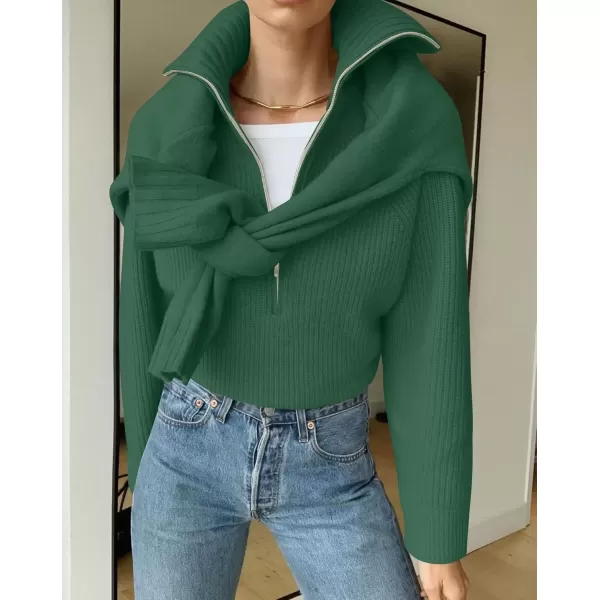 imageZESICA Womens V Neck Sweaters 2024 Fall Long Sleeve Half Zipper Ribbed Knit Casual Oversized Pullover TopsDarkgreen