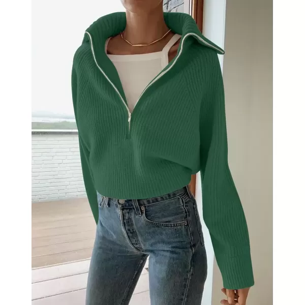 imageZESICA Womens V Neck Sweaters 2024 Fall Long Sleeve Half Zipper Ribbed Knit Casual Oversized Pullover TopsDarkgreen