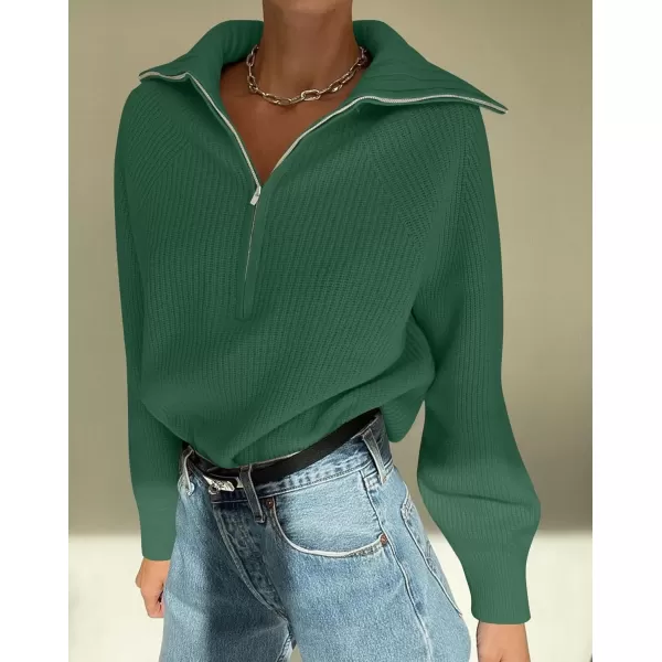 imageZESICA Womens V Neck Sweaters 2024 Fall Long Sleeve Half Zipper Ribbed Knit Casual Oversized Pullover TopsDarkgreen