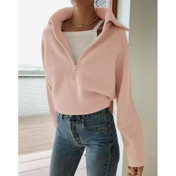 imageZESICA Womens V Neck Sweaters 2024 Fall Long Sleeve Half Zipper Ribbed Knit Casual Oversized Pullover TopsDustypink