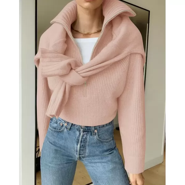 imageZESICA Womens V Neck Sweaters 2024 Fall Long Sleeve Half Zipper Ribbed Knit Casual Oversized Pullover TopsDustypink