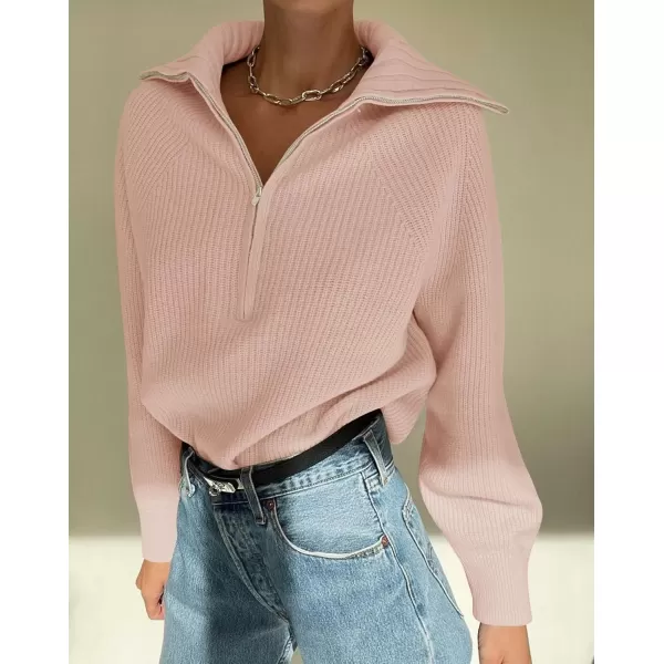 imageZESICA Womens V Neck Sweaters 2024 Fall Long Sleeve Half Zipper Ribbed Knit Casual Oversized Pullover TopsDustypink