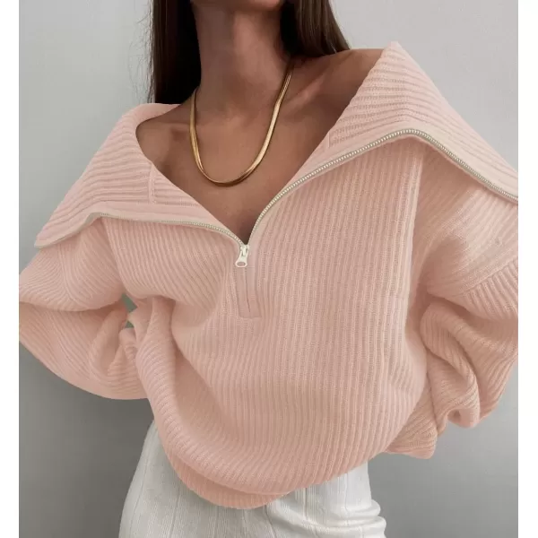 imageZESICA Womens V Neck Sweaters 2024 Fall Long Sleeve Half Zipper Ribbed Knit Casual Oversized Pullover TopsDustypink