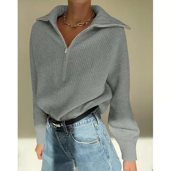 imageZESICA Womens V Neck Sweaters 2024 Fall Long Sleeve Half Zipper Ribbed Knit Casual Oversized Pullover TopsGrey