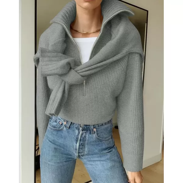 imageZESICA Womens V Neck Sweaters 2024 Fall Long Sleeve Half Zipper Ribbed Knit Casual Oversized Pullover TopsGrey