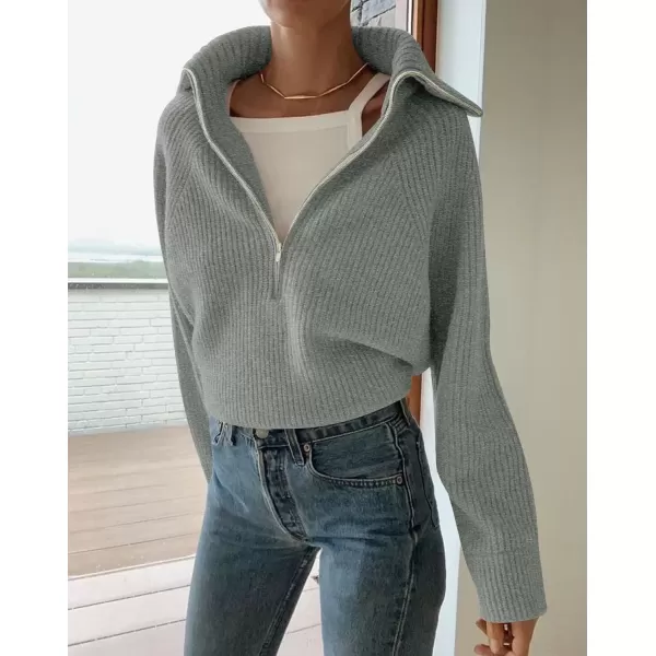 imageZESICA Womens V Neck Sweaters 2024 Fall Long Sleeve Half Zipper Ribbed Knit Casual Oversized Pullover TopsGrey