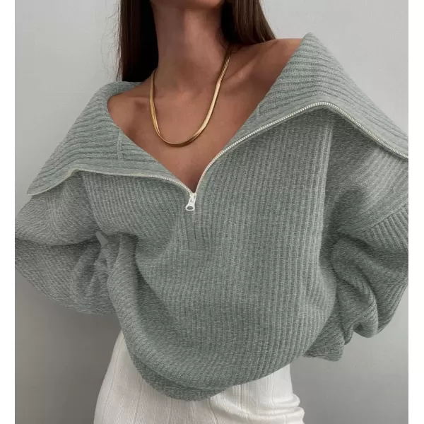 imageZESICA Womens V Neck Sweaters 2024 Fall Long Sleeve Half Zipper Ribbed Knit Casual Oversized Pullover TopsGrey