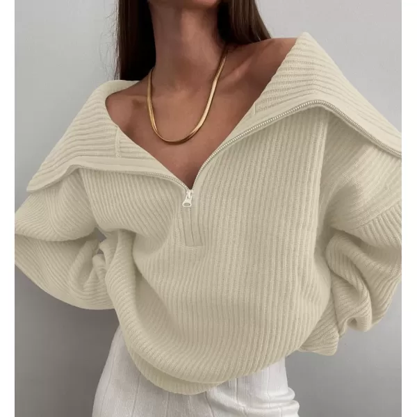imageZESICA Womens V Neck Sweaters 2024 Fall Long Sleeve Half Zipper Ribbed Knit Casual Oversized Pullover TopsGreyapricot