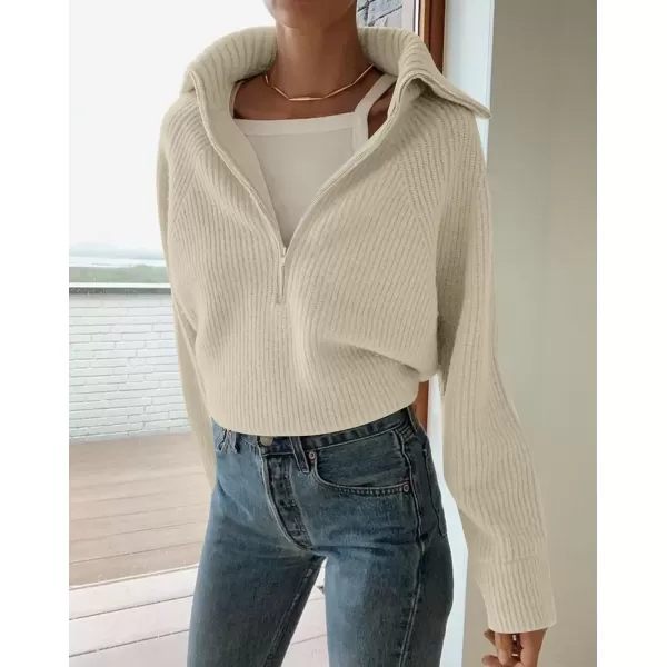 imageZESICA Womens V Neck Sweaters 2024 Fall Long Sleeve Half Zipper Ribbed Knit Casual Oversized Pullover TopsGreyapricot