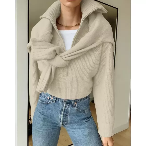 imageZESICA Womens V Neck Sweaters 2024 Fall Long Sleeve Half Zipper Ribbed Knit Casual Oversized Pullover TopsGreyapricot