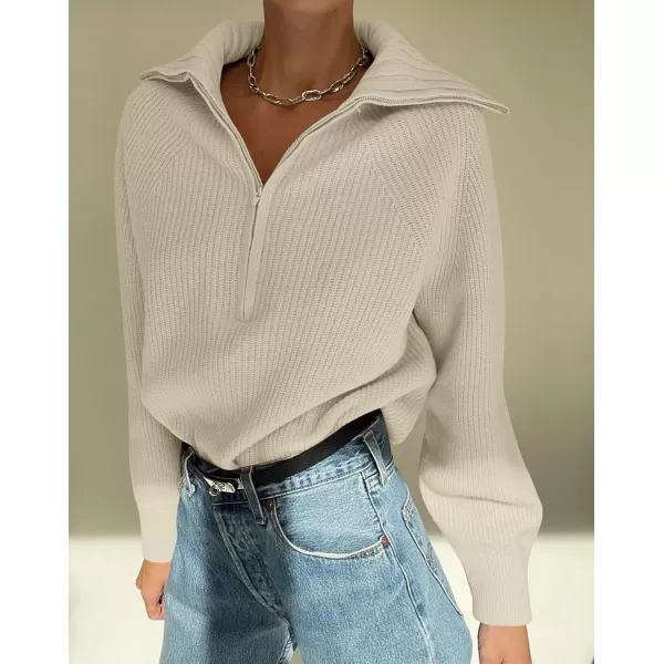 imageZESICA Womens V Neck Sweaters 2024 Fall Long Sleeve Half Zipper Ribbed Knit Casual Oversized Pullover TopsGreyapricot