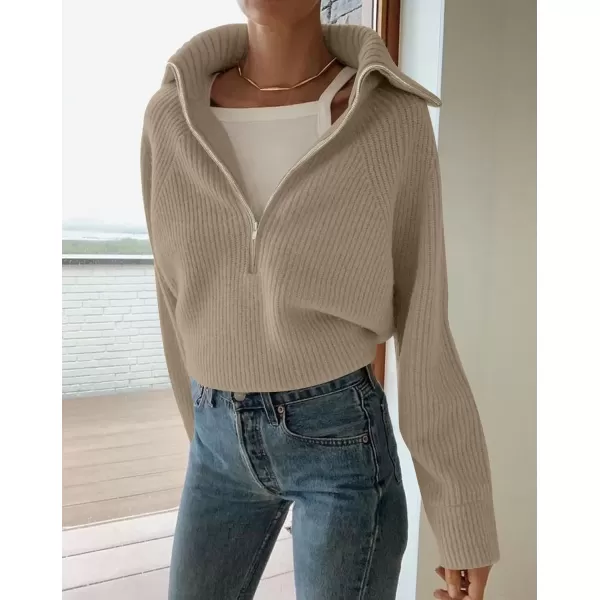 imageZESICA Womens V Neck Sweaters 2024 Fall Long Sleeve Half Zipper Ribbed Knit Casual Oversized Pullover TopsKhaki