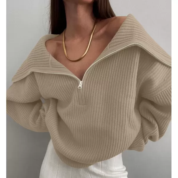 imageZESICA Womens V Neck Sweaters 2024 Fall Long Sleeve Half Zipper Ribbed Knit Casual Oversized Pullover TopsKhaki
