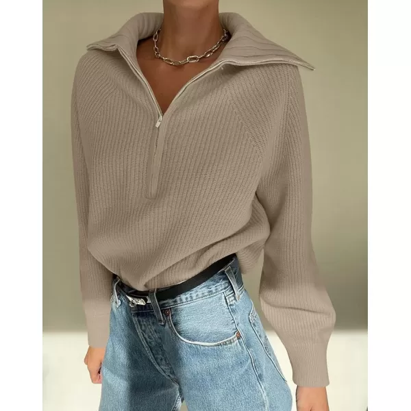 imageZESICA Womens V Neck Sweaters 2024 Fall Long Sleeve Half Zipper Ribbed Knit Casual Oversized Pullover TopsKhaki