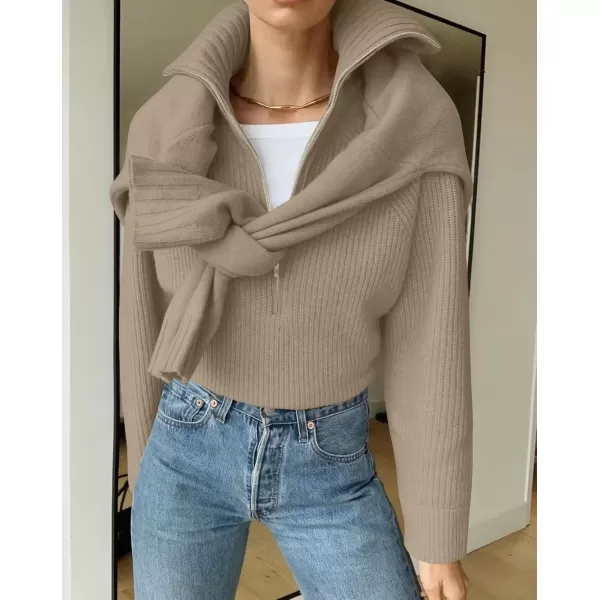 imageZESICA Womens V Neck Sweaters 2024 Fall Long Sleeve Half Zipper Ribbed Knit Casual Oversized Pullover TopsKhaki