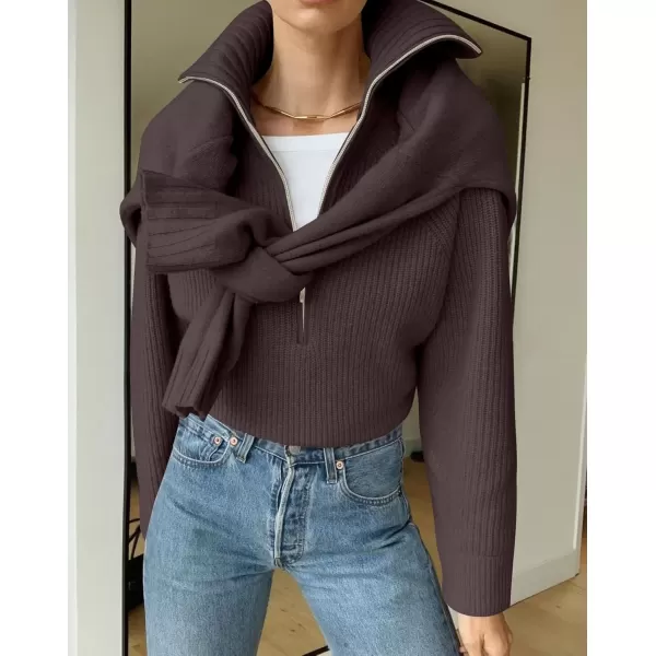 imageZESICA Womens V Neck Sweaters 2024 Fall Long Sleeve Half Zipper Ribbed Knit Casual Oversized Pullover TopsNutmeg