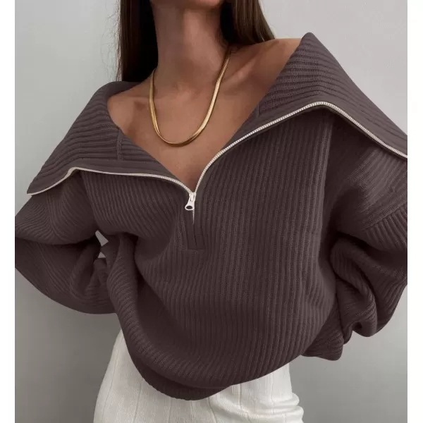 imageZESICA Womens V Neck Sweaters 2024 Fall Long Sleeve Half Zipper Ribbed Knit Casual Oversized Pullover TopsNutmeg