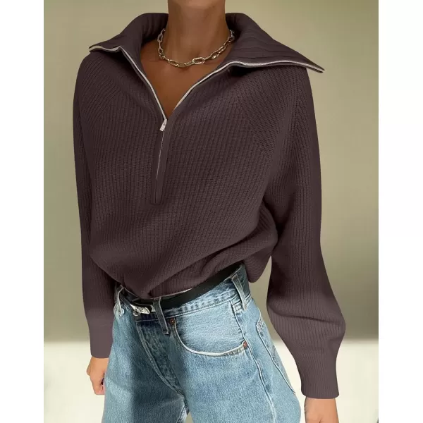 imageZESICA Womens V Neck Sweaters 2024 Fall Long Sleeve Half Zipper Ribbed Knit Casual Oversized Pullover TopsNutmeg