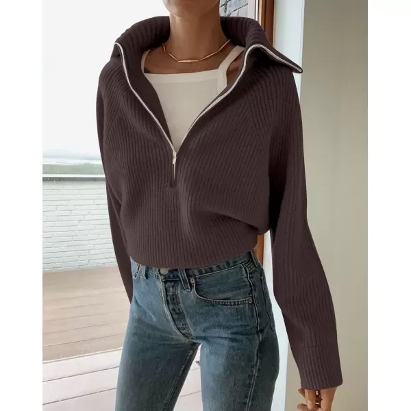 imageZESICA Womens V Neck Sweaters 2024 Fall Long Sleeve Half Zipper Ribbed Knit Casual Oversized Pullover TopsNutmeg