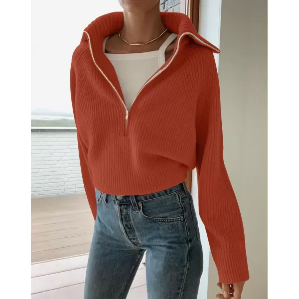 imageZESICA Womens V Neck Sweaters 2024 Fall Long Sleeve Half Zipper Ribbed Knit Casual Oversized Pullover TopsOrangered