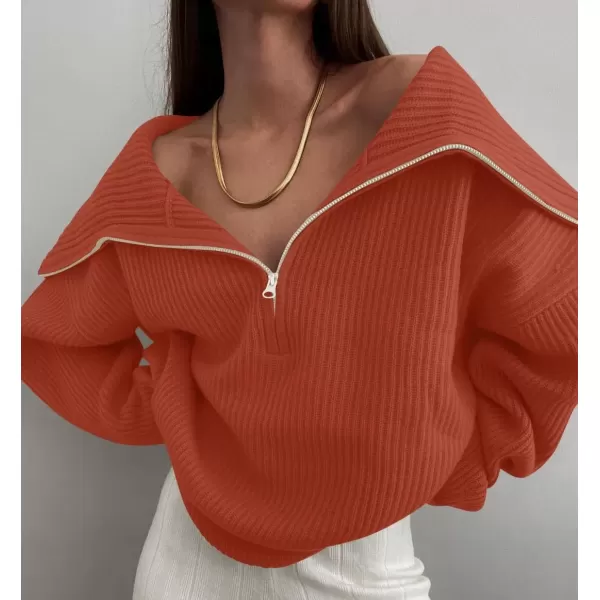 imageZESICA Womens V Neck Sweaters 2024 Fall Long Sleeve Half Zipper Ribbed Knit Casual Oversized Pullover TopsOrangered
