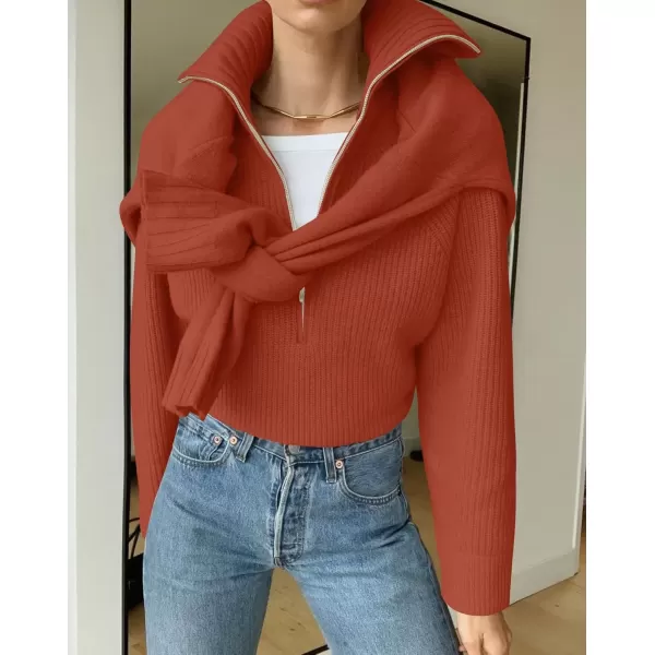 imageZESICA Womens V Neck Sweaters 2024 Fall Long Sleeve Half Zipper Ribbed Knit Casual Oversized Pullover TopsOrangered